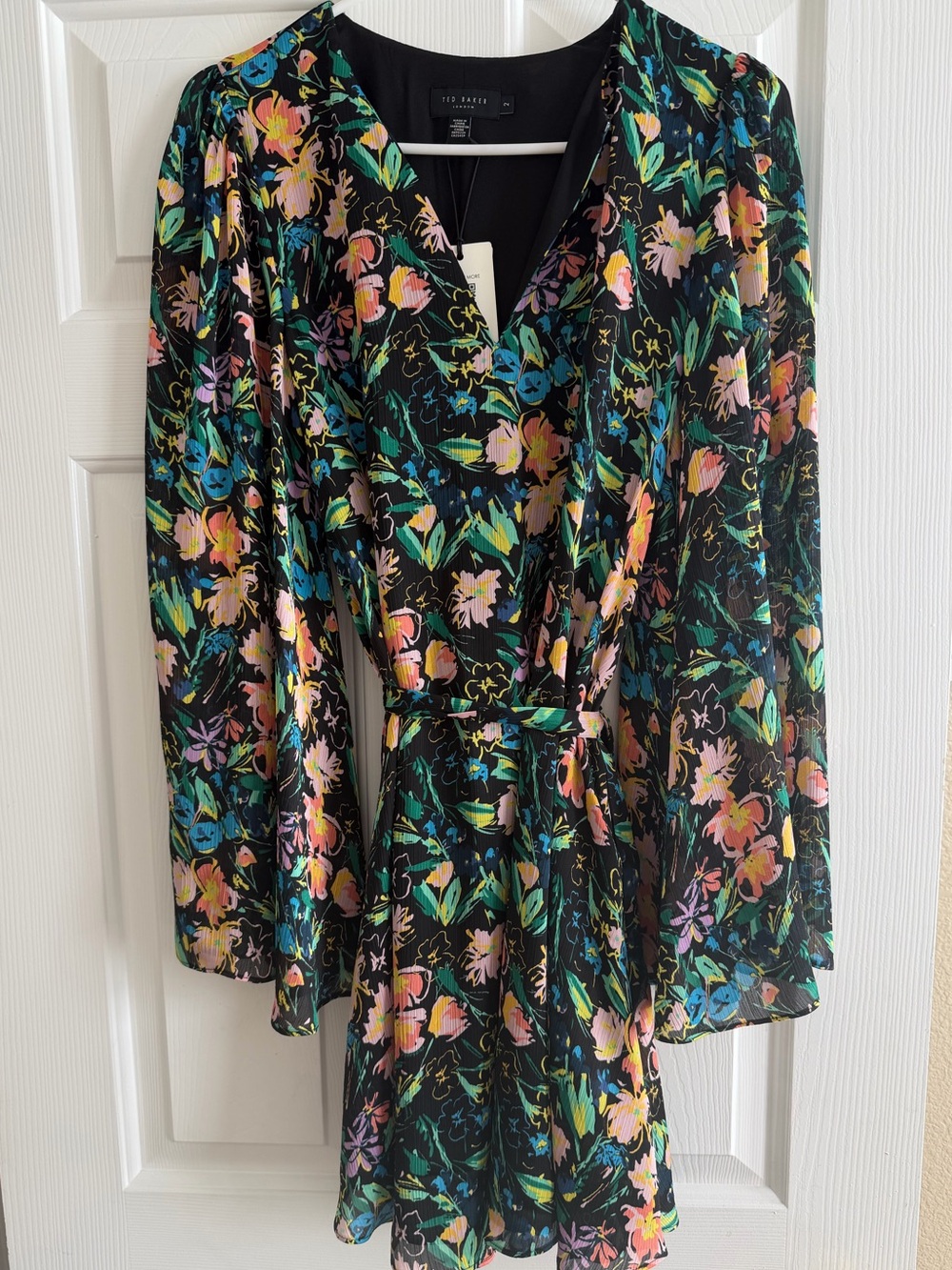 Ted Baker Black Floral Tie-Waist Mini Dress with Multicolor Blooms